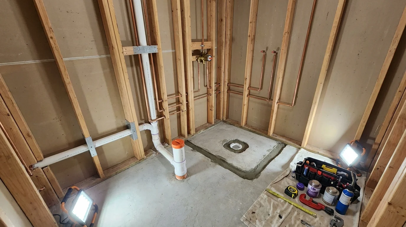 Bathroom rough-in plumbing during remodel by Johns Plumbing LLC in Port Arthur