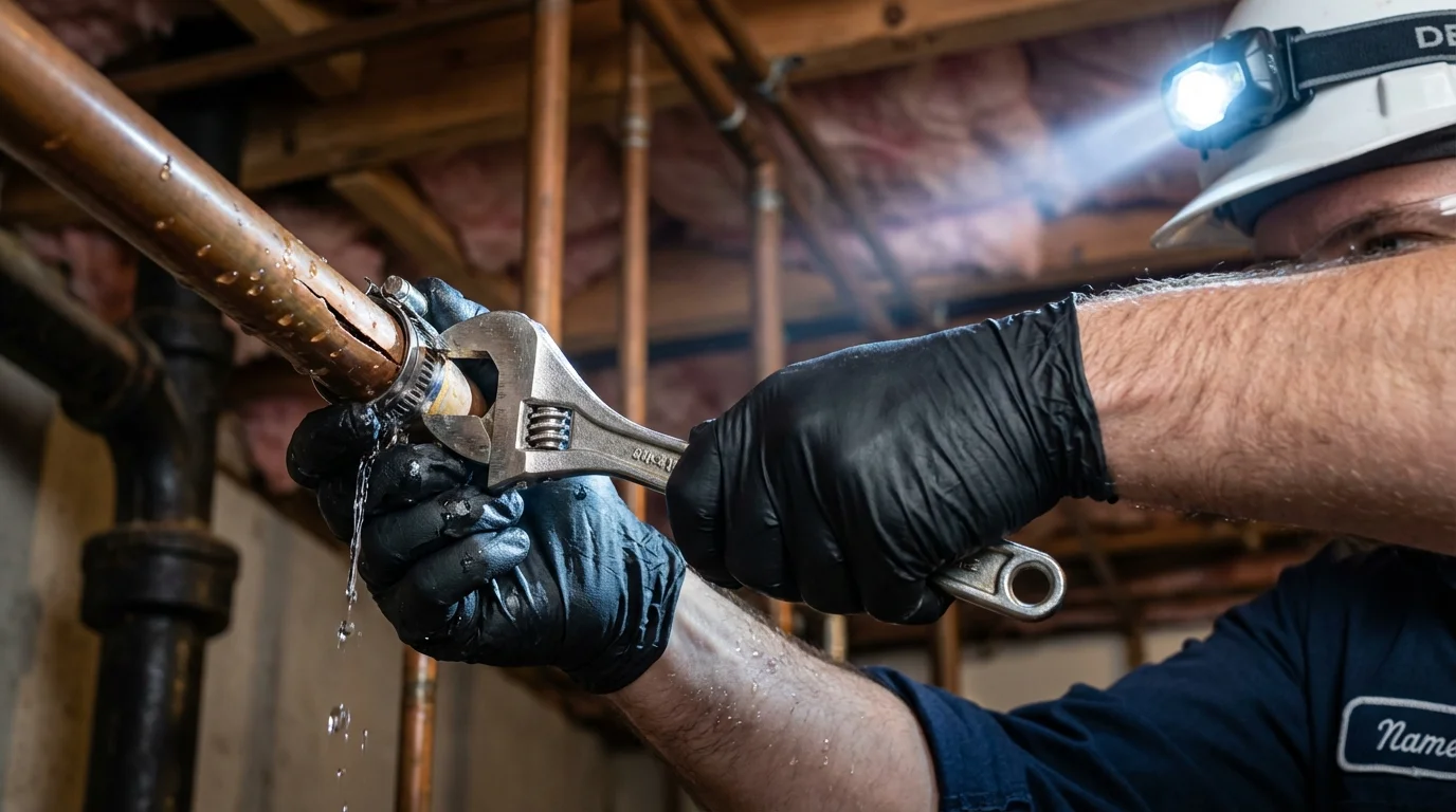 Emergency pipe clamp repair being performed by a Johns Plumbing LLC plumber in Port Arthur
