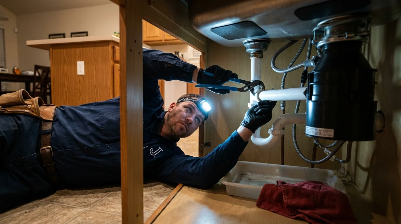 P-trap and supply line connections under a kitchen sink showing a common leak point in Port Arthur, TX